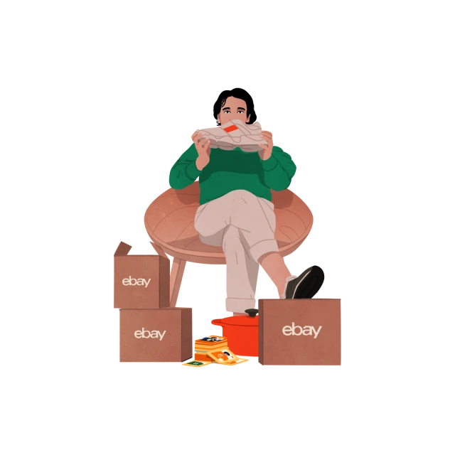 Illustration of a person in a chair holding sneakers, surrounded by eBay boxes, cash, and a pot on a black background.