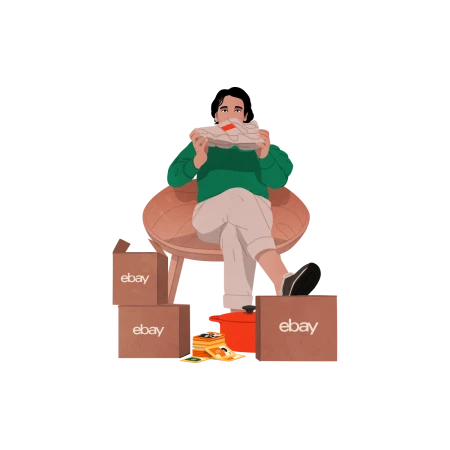 Illustration of a person in a chair holding sneakers, surrounded by eBay boxes, cash, and a pot on a black background.