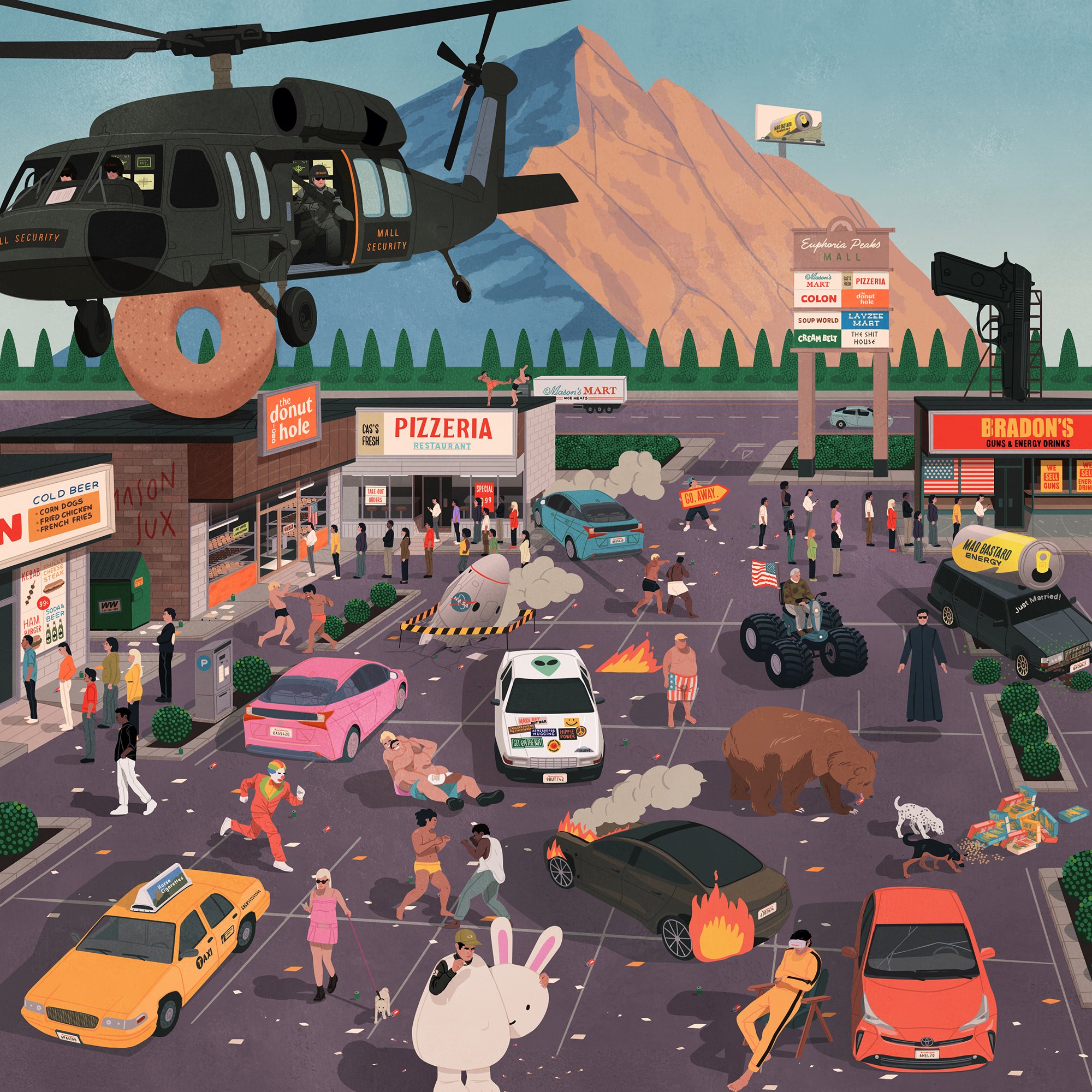Illustration of a chaotic urban scene with a helicopter, donut on a building, and various characters and vehicles in a stylized art style.