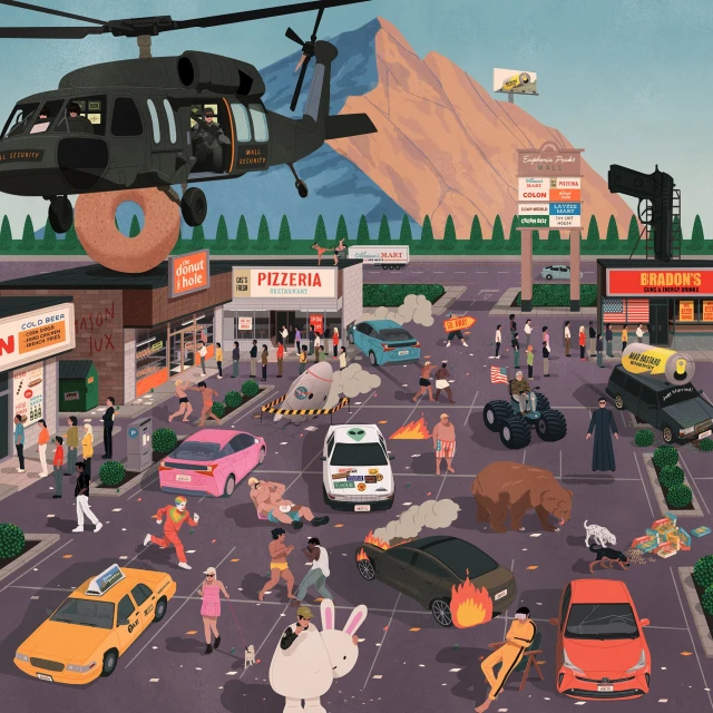 Illustration of a chaotic urban scene with a helicopter, donut on a building, and various characters and vehicles in a stylized art style.