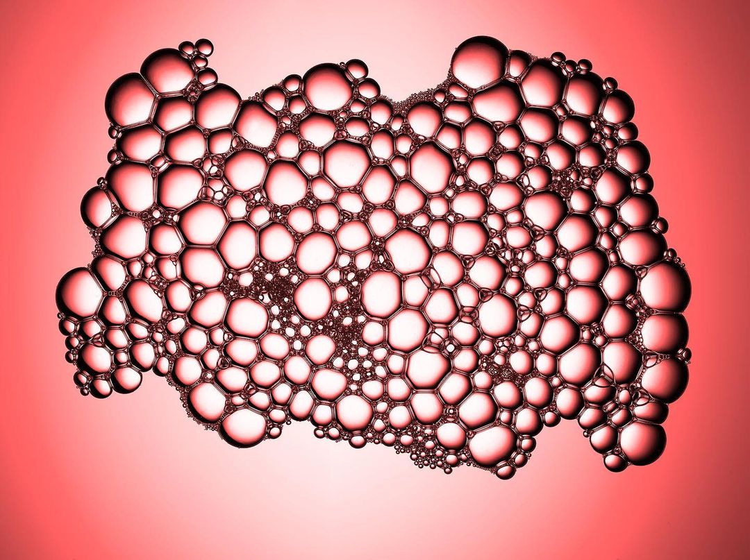 Abstract macro photograph of connected translucent bubbles of various sizes, backlit with soft coral-red lighting in a studio setting.