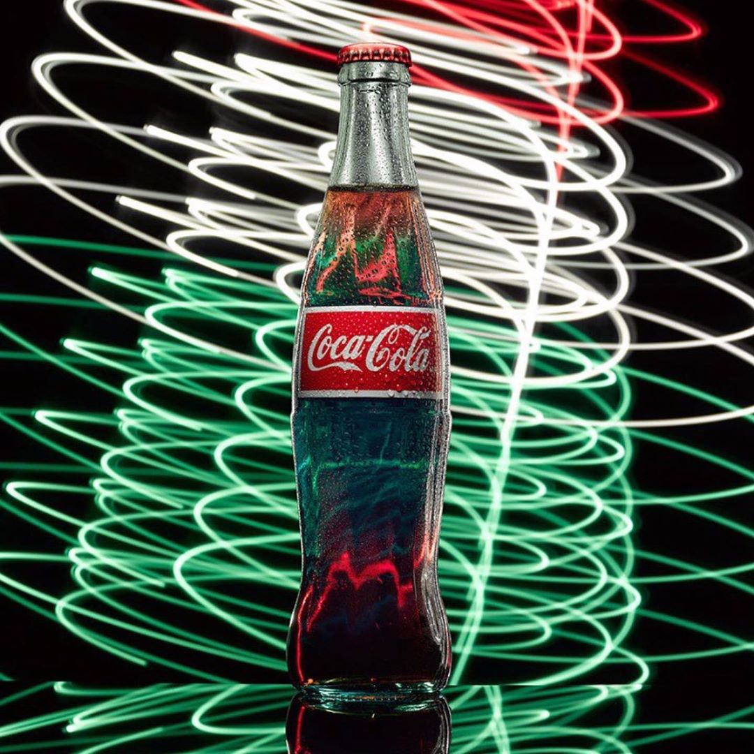 Coca-Cola bottle with condensation and light painting trails in red, green, and white against a black background, reflecting on surface.
