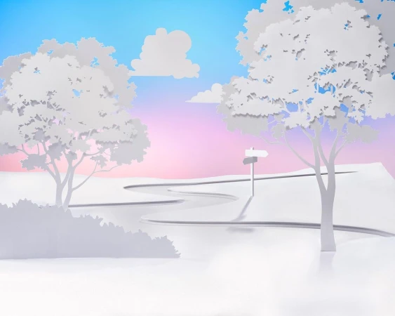 Paper art landscape featuring a winding road, trees, a signpost, and white clouds against a gradient blue and pink sky background.