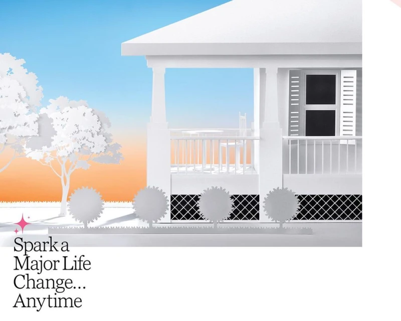 Paper art-style illustration of a white house with a porch, trees, and a blue and orange gradient sky in the background.