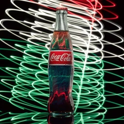 Glass Coca Cola bottle centered against a dark background with long exposure white, red, and green light trails