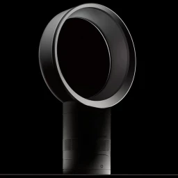 Black bladeless fan featuring a circular loop amplifier against a dark background