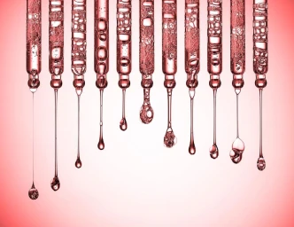 Ten glass serum droppers lined up vertically, releasing pink liquid droplets against a gradient pink backdrop
