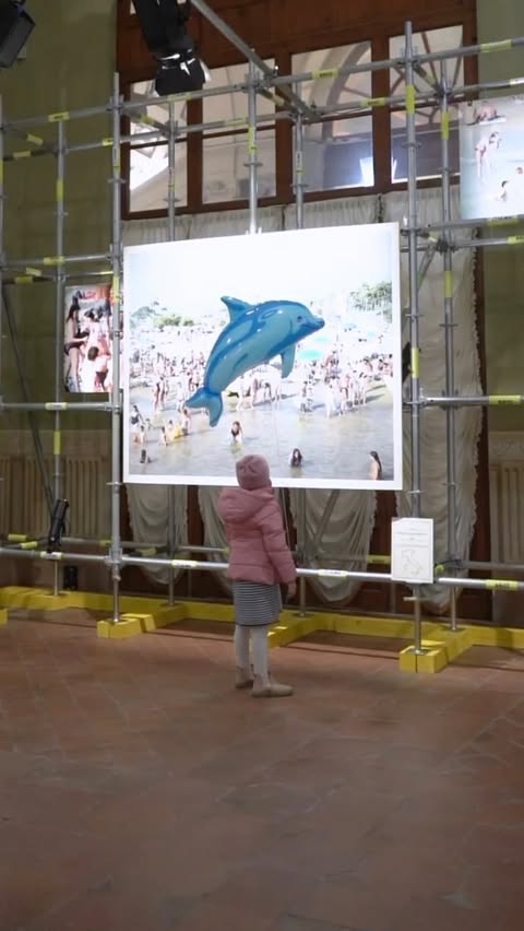 Young child in pink jacket gazes at a large print of a blue inflatable dolphin at an indoor photography exhibition in a gallery.