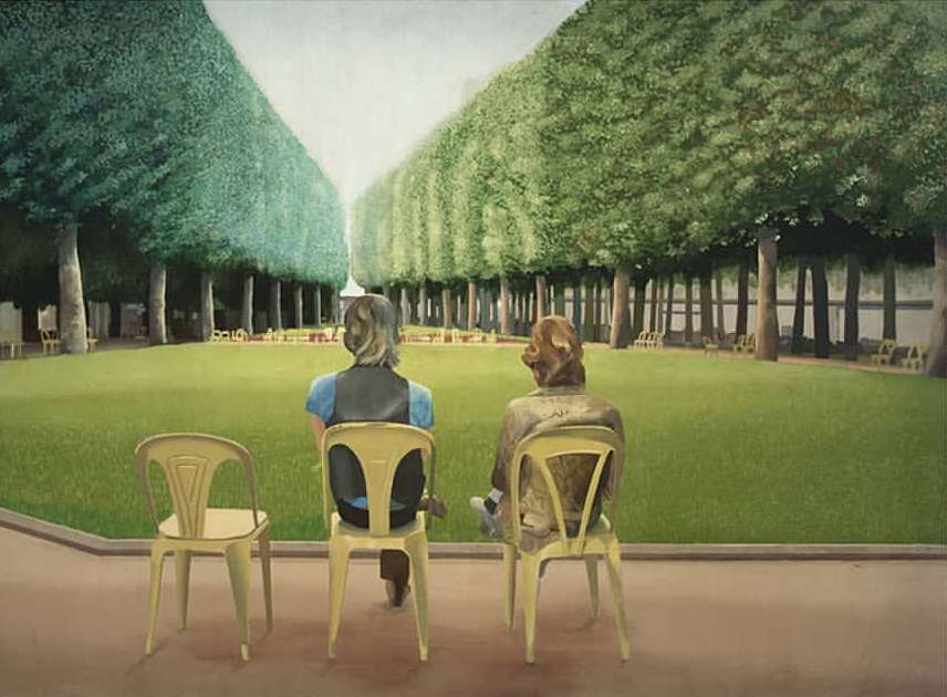 Painting of two people sitting on yellow chairs in a park with trees, facing a garden with green grass and aligned trees and bushes.