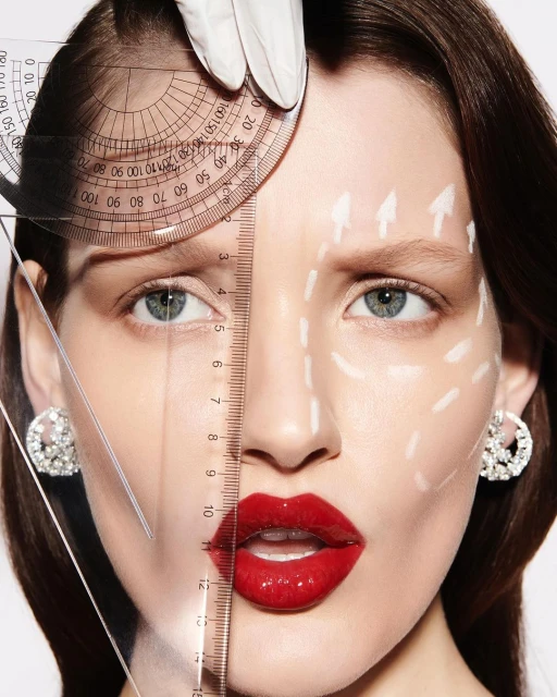 Close-up of woman's face marked with cosmetic surgery guidelines, holding a ruler and protractor, beauty treatment concept.