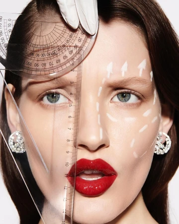 Close-up of woman's face marked with cosmetic surgery guidelines, holding a ruler and protractor, beauty treatment concept.