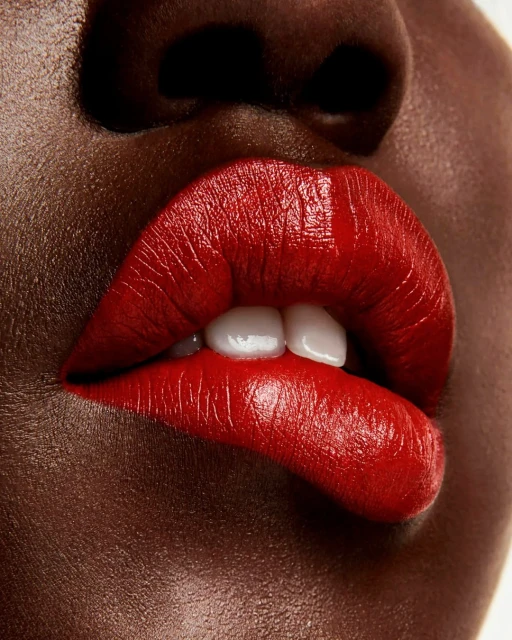Close-up studio shot of a dark-skinned adult female with red lipstick and white teeth, focusing on beauty and fashion. 