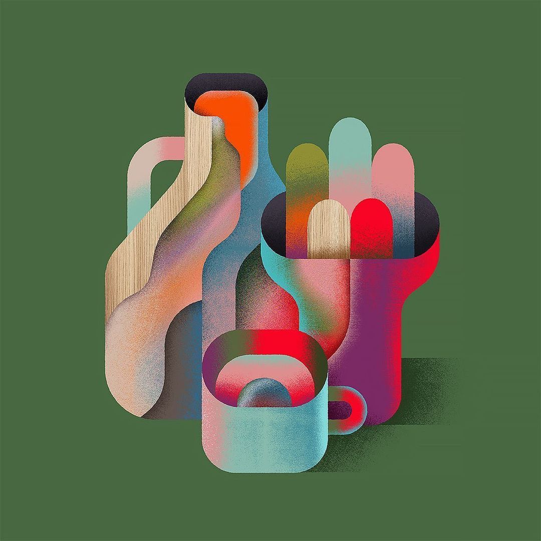 Abstract illustration of a still life featuring a bottle, pitcher, mug, and other containers in a colorful and textured composition.