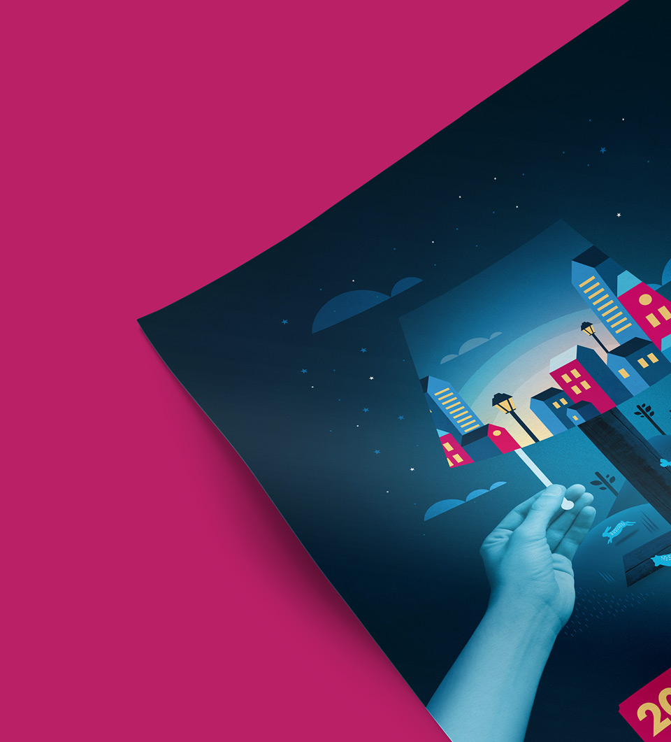 Illustration of a nighttime cityscape being held by a person's hand against a pink background with dark blues and bright accent colors.