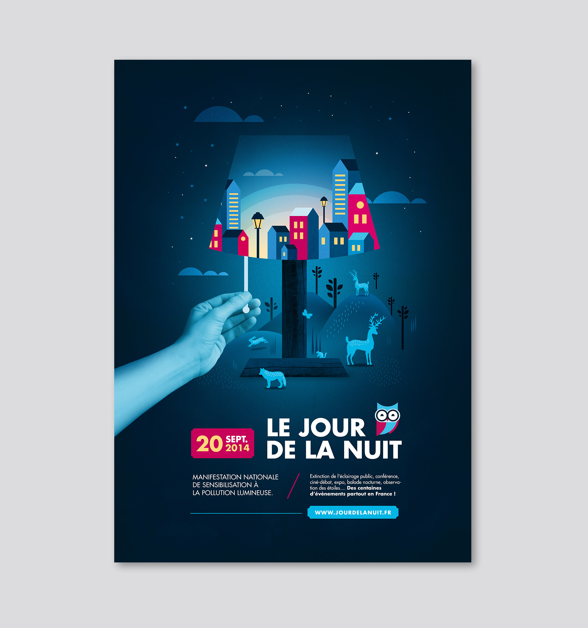 Art poster promotes 'Le Jour de la Nuit' (Night Day) with illuminated city in lamp, hand holding switch, forest, animals in blue tones.