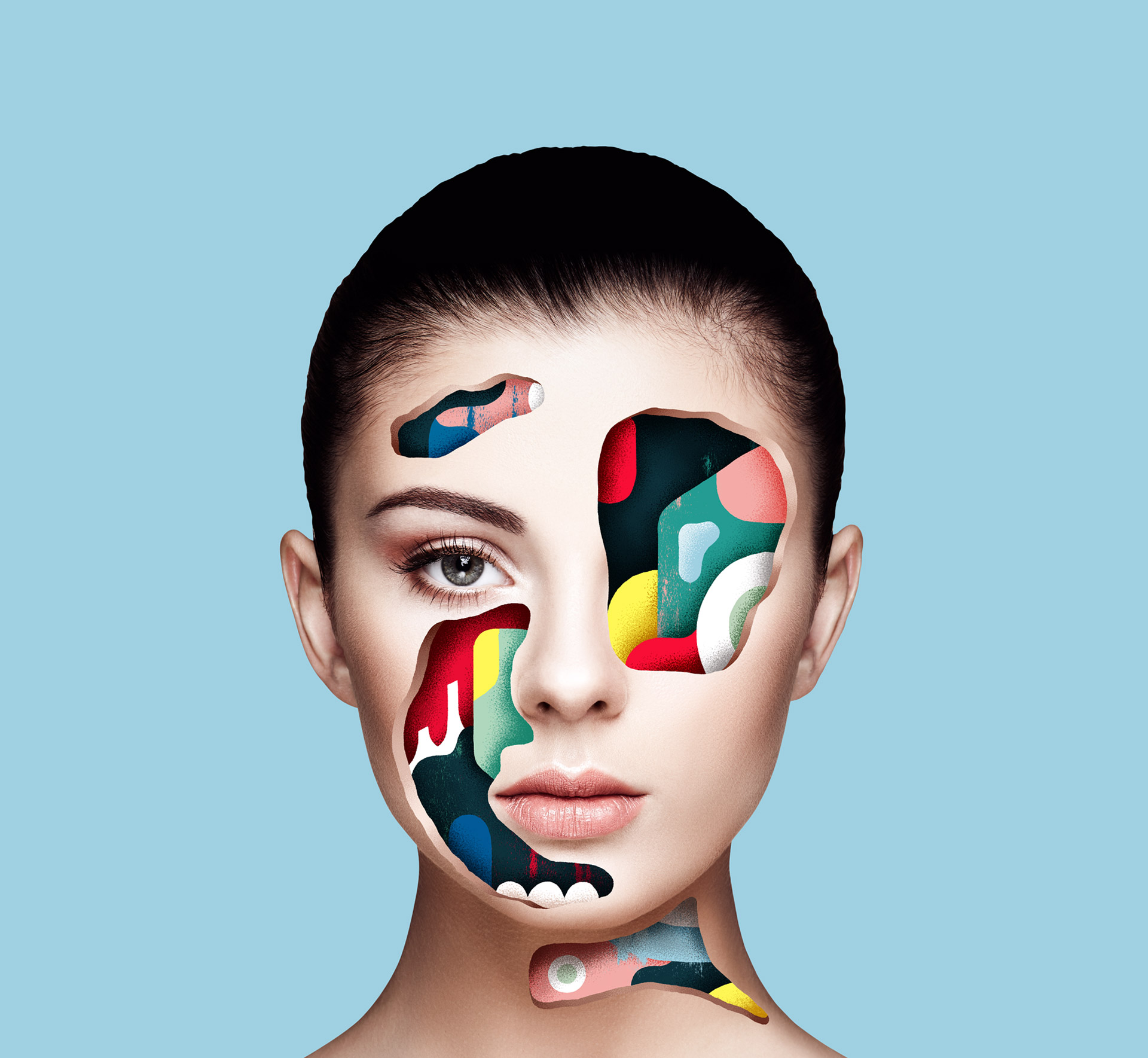 Surreal portrait of a woman with abstract shapes cut out of her face, revealing colorful designs on a light blue background.