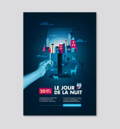Illustrated poster by Mathieu Clauss featuring a hand pulling a lamp switch revealing a town inside the lampshade