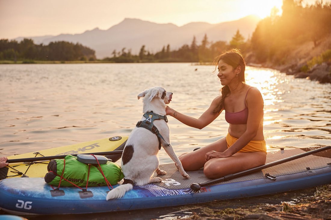 Woman and dog enjoy a peaceful paddleboarding session on a calm lake at sunset, with mountains and trees in the background.