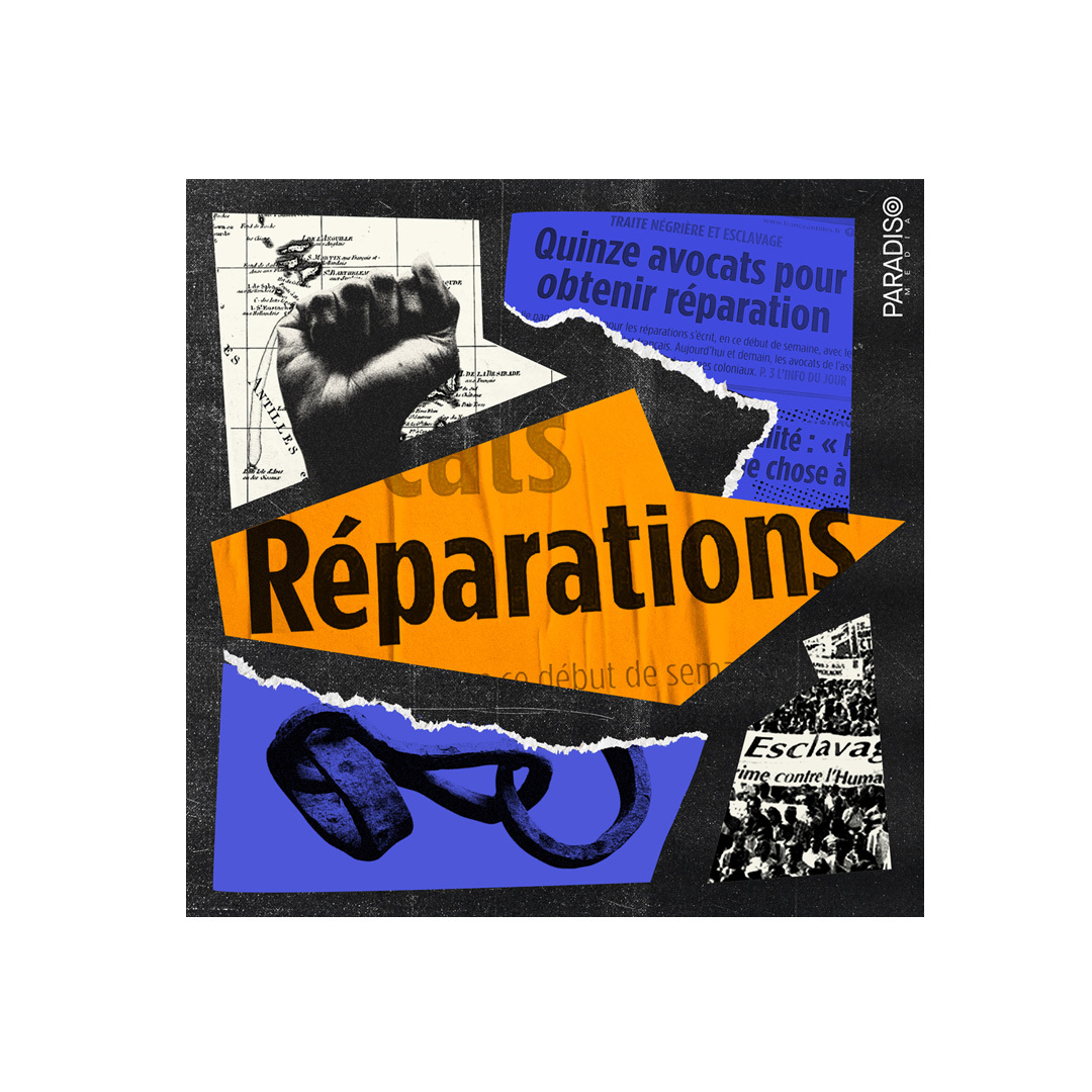 Collage-style art features fist, chains, news clippings on reparations with bold typography, and is visually striking with bold color palette.