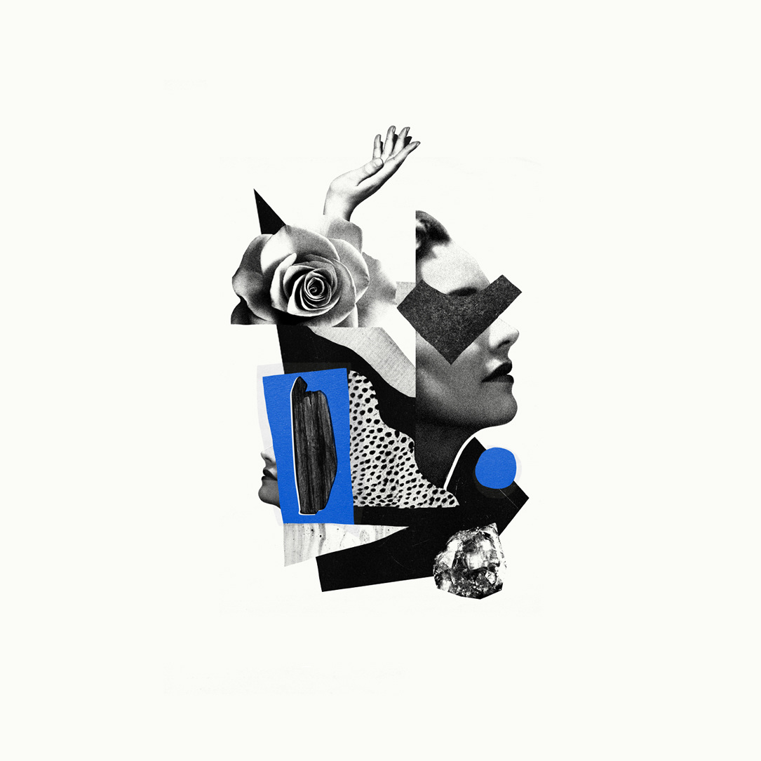 Abstract collage art featuring a woman's face, hand, and a rose with geometric shapes on a bright white background, modern and unique.