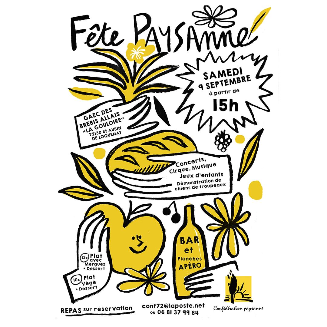 Stylized poster for a rural-themed event featuring a playful illustration of agricultural elements like bread, apples, and flowers.
