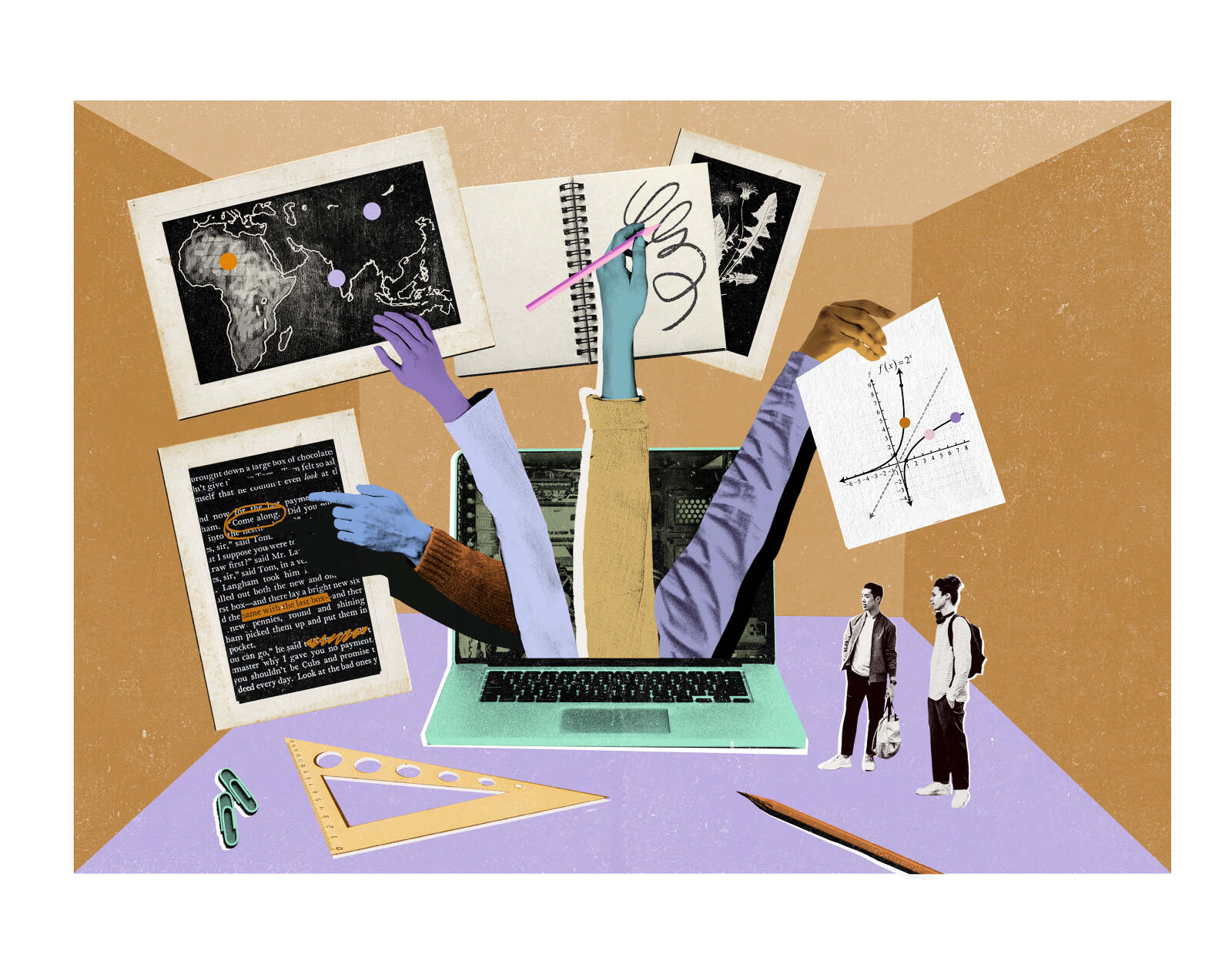 Digital illustration of an open laptop with paper art elements, hand-drawn graphics, and two standing men on a brown and lavender table.