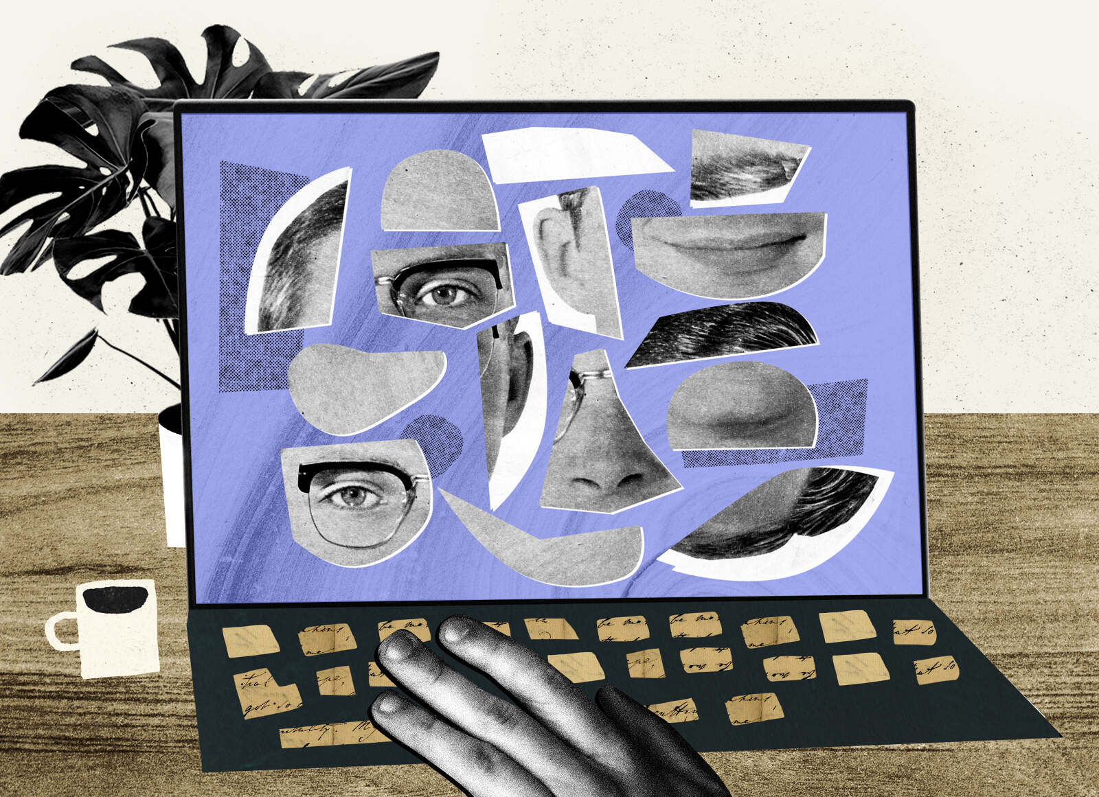 Illustration of a person typing on a laptop, the screen displays collage-style cutouts of facial features, next to a potted plant and a cup.