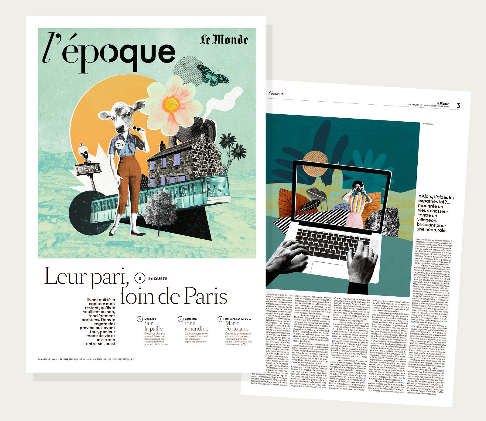 Magazine cover collage featuring a woman with a cow's head, architecture, and floral elements, next to a laptop showing a woman on screen.