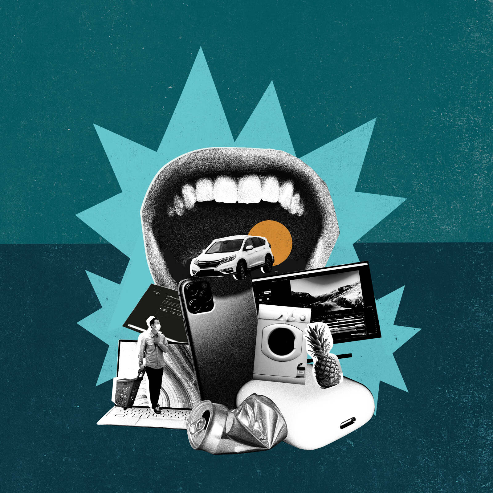 Surreal collage with open mouth containing car, surrounded by laptop, phone, washing machine, pineapple, and crushed can on blue background.