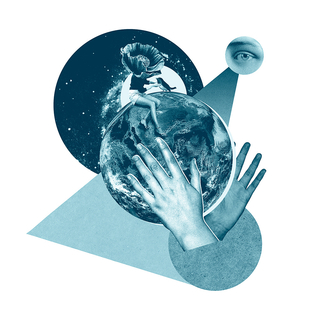 Surreal collage with Earth globe, human figures, hands, and eye, featuring blue geometric shapes against a white background.