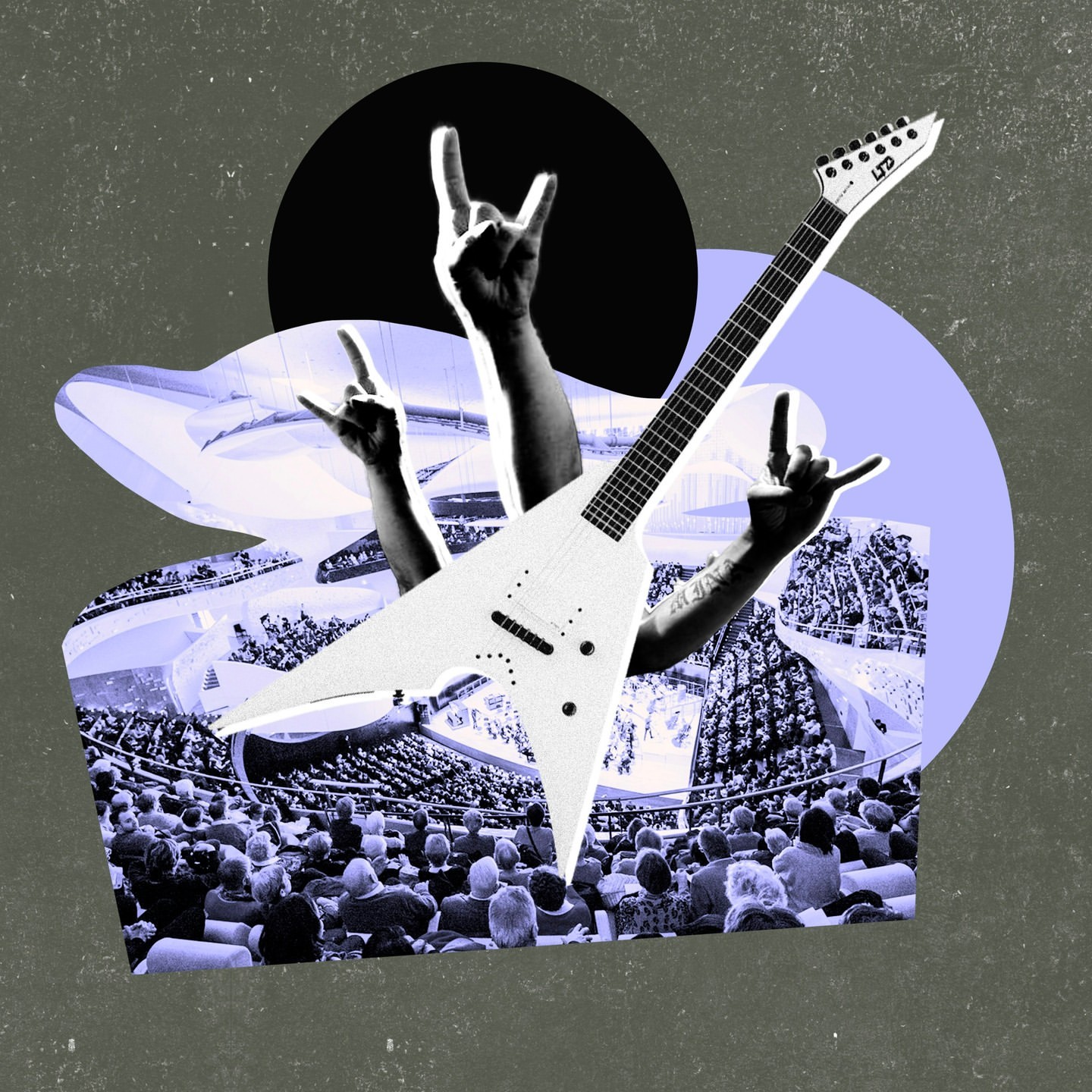 Collage illustration with electric guitar, hand gestures, and silhouetted audience, set against a textured background.