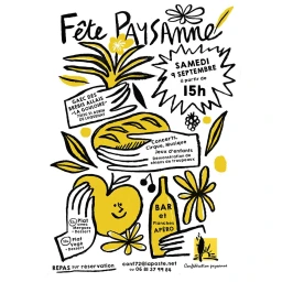 Illustrated festival poster by Mathilde Aubier featuring bold black line drawings with yellow accents on a white background