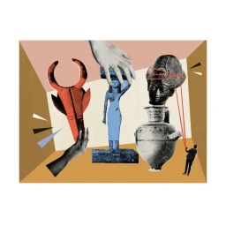 Surreal digital collage illustration featuring ancient artifacts, disembodied hands, and geometric room planes by Mathilde Aubier