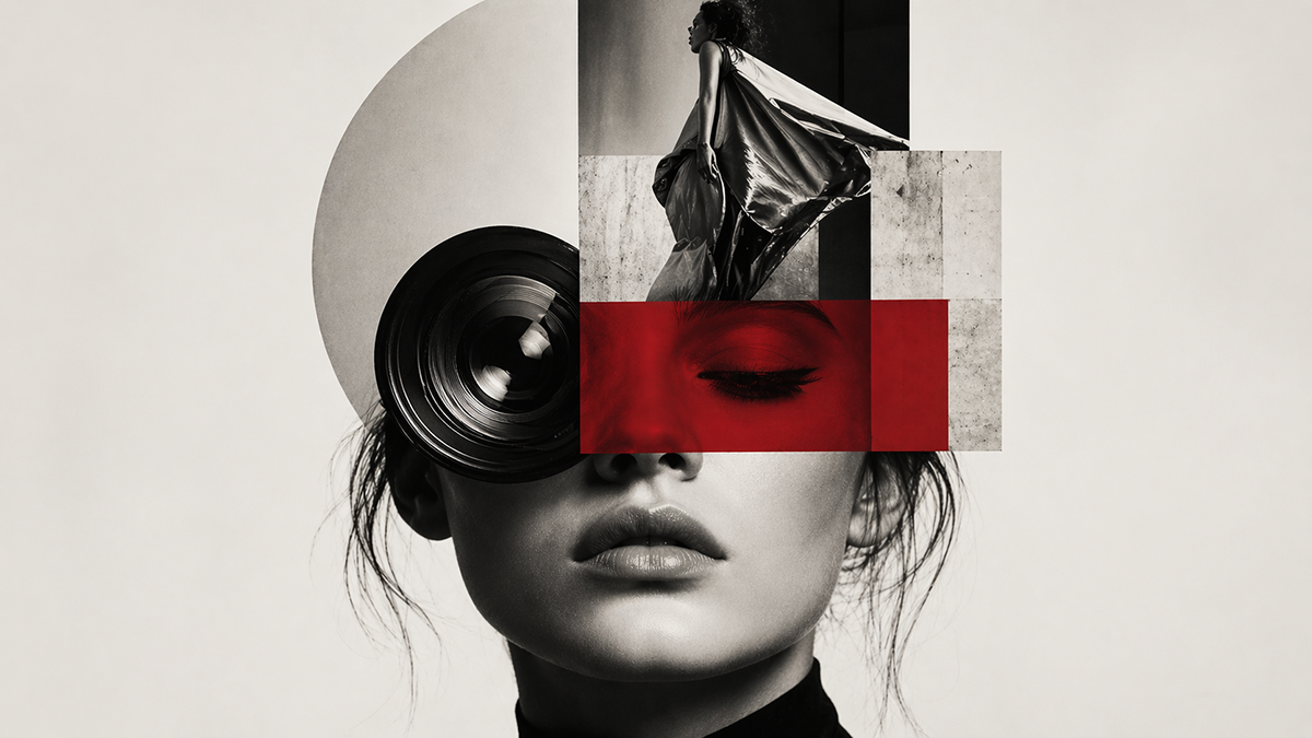 Black and white portrait collage featuring a woman face with a camera lens replacing her right eye and a red color block