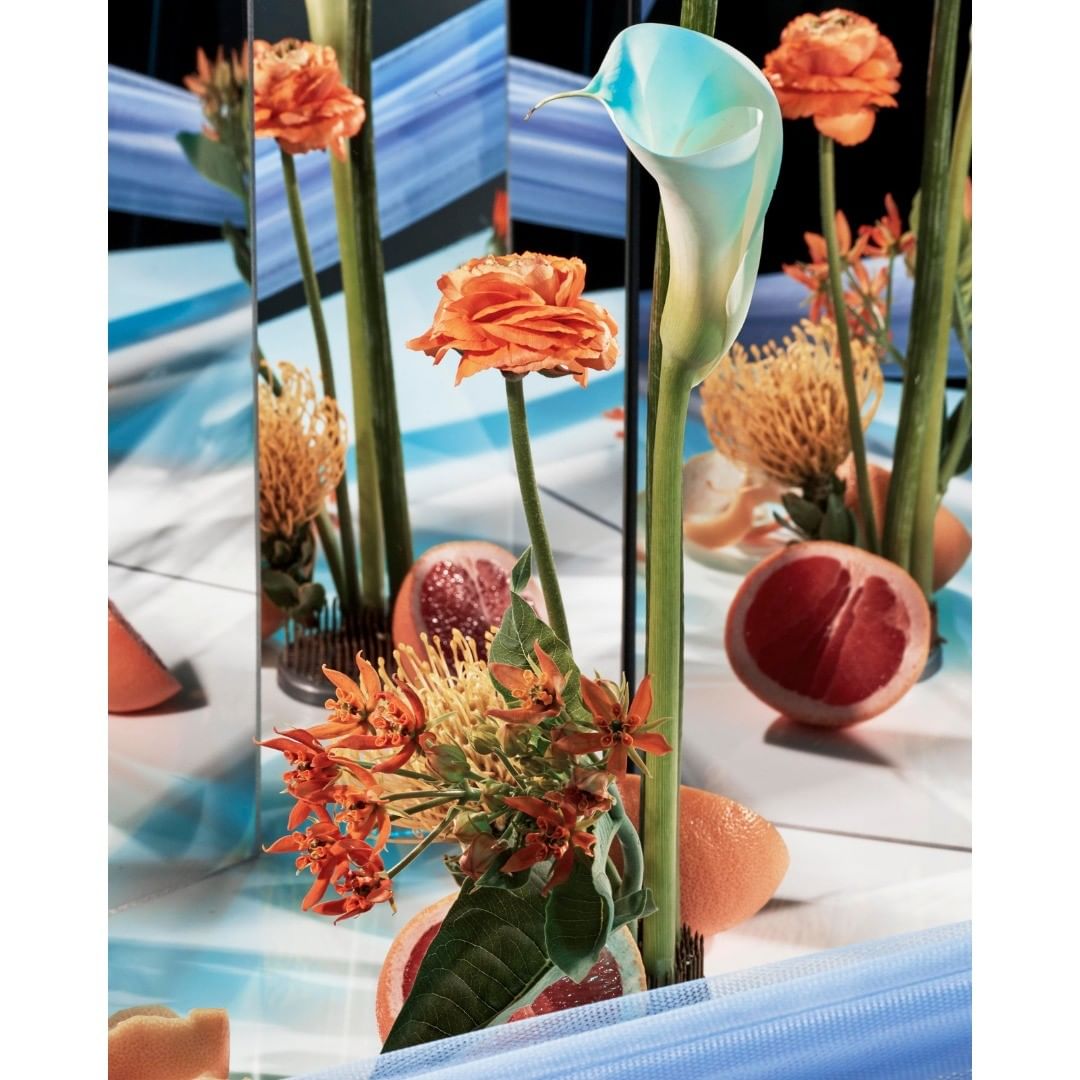Floral arrangement featuring roses, lilies, and citrus fruit displayed with mirrors, capturing a modern aesthetic in an indoor setting.