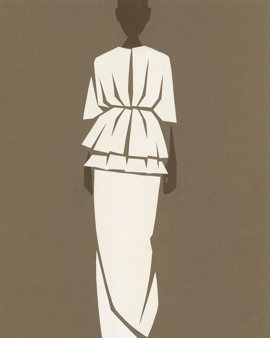 Silhouette of a fashion model in a white dress, featuring layered ruffles and a floor-length skirt, set against a brown background.