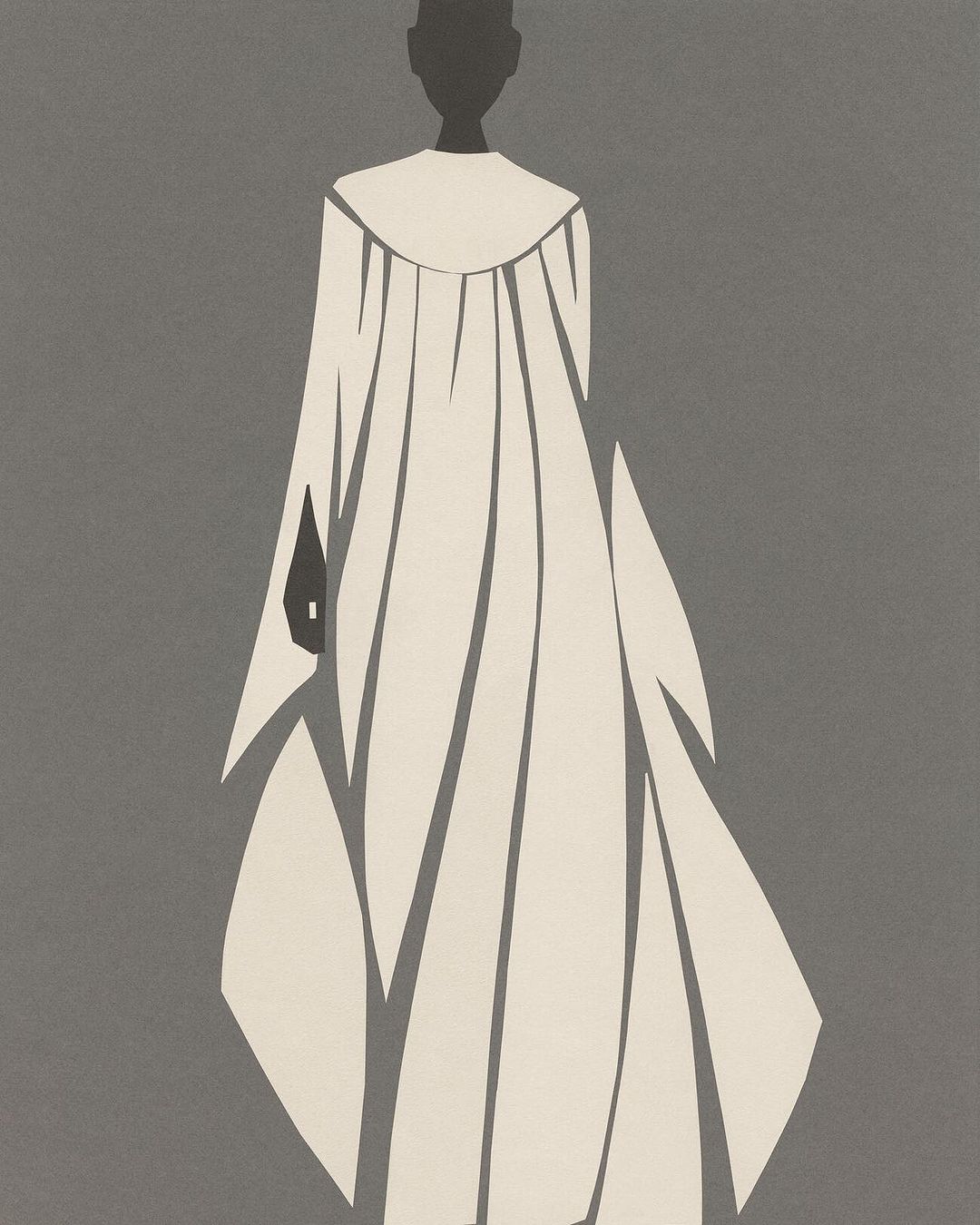 Illustration of a person in a long, light-colored robe with dark gray background; graphic art, flat design with geometric shapes.