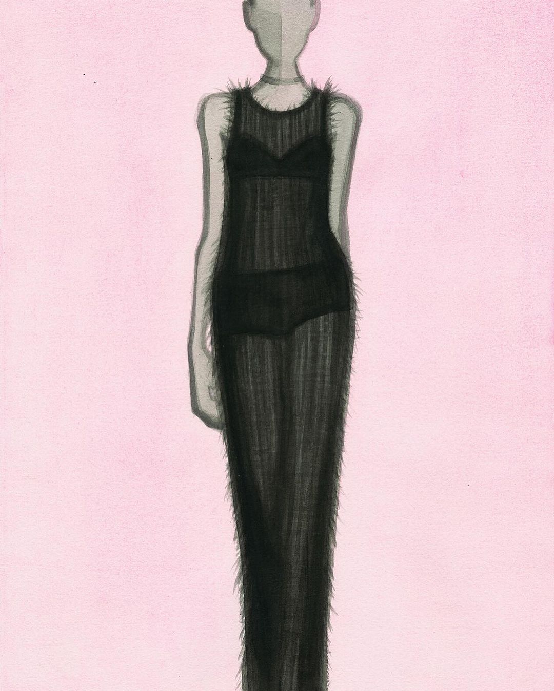 Illustration of a slender mannequin wearing a black, sheer dress with fur-like trim and matching undergarments, set against a pink background.