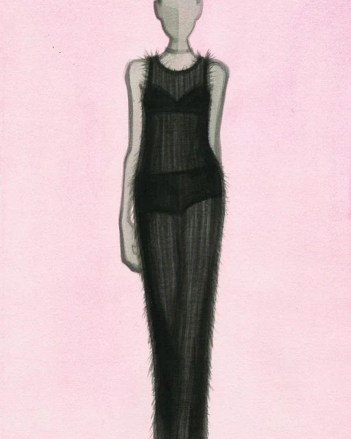 Illustration of a slender mannequin wearing a black, sheer dress with fur-like trim and matching undergarments, set against a pink background.