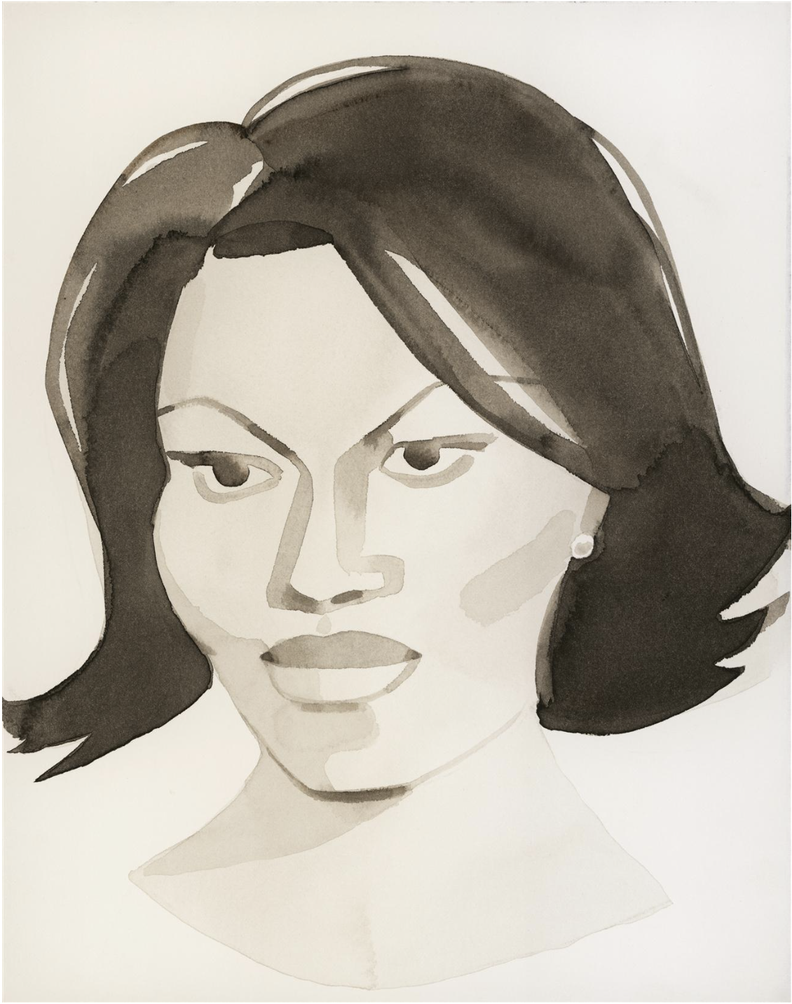 Watercolor painting of a woman with dark hair, gazing downward in a head and shoulders composition on a white background.