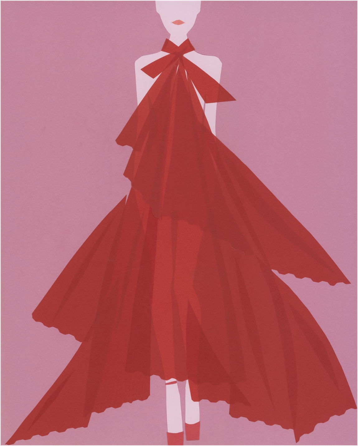 Illustration of a slender figure wearing a red gown with a large bow at the neck, set against a pink backdrop.