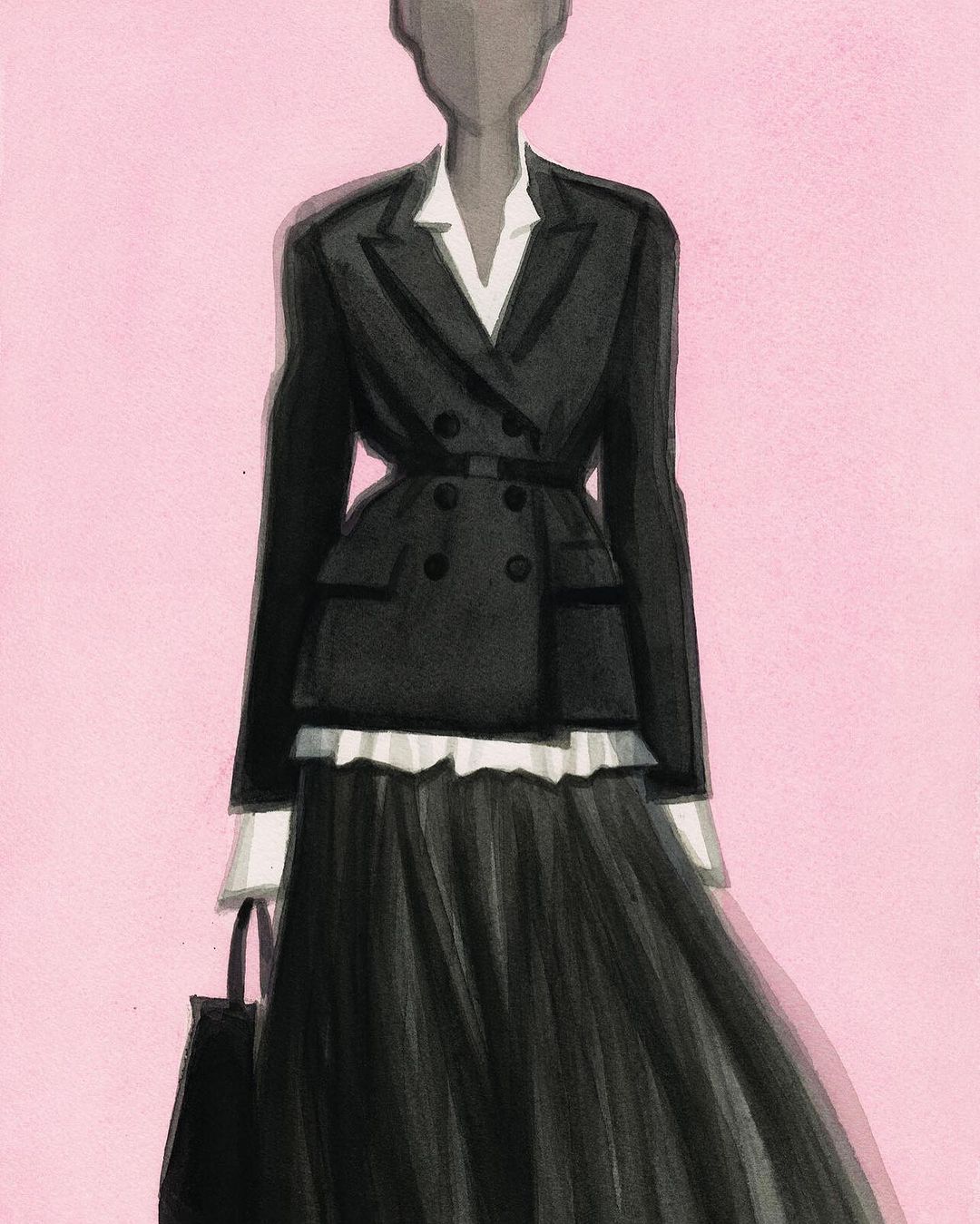 Fashion illustration of a woman in a black double-breasted blazer, white top, and tulle skirt, carrying a matching black bag.