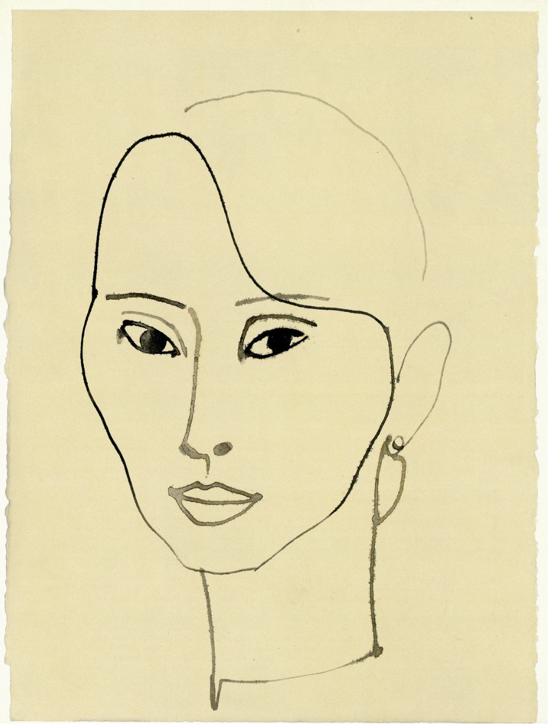 Ink drawing of a woman's face with short hair, featuring delicate linework, a light yellow background, and minimalist aesthetic.