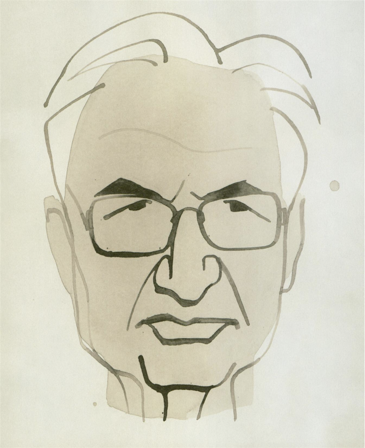 Illustration of an older adult male with gray hair and glasses, rendered in gray tones on a white background. Features drawn with bold lines.