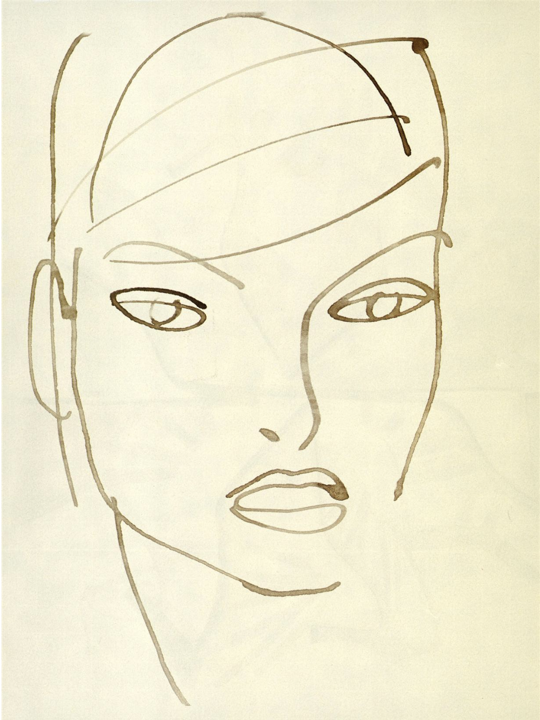 Line art illustration of a woman's face with short hair and head covering on a white background, created with a minimalist design.