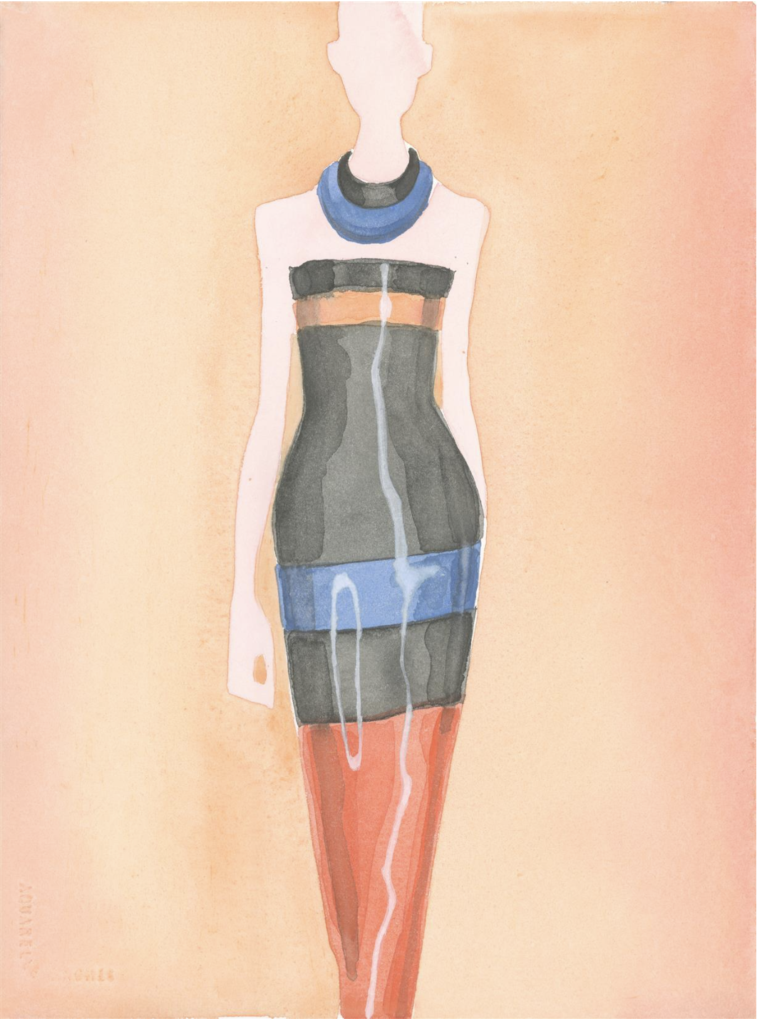 Fashion illustration of a woman in a grey, orange, blue, and red dress with a blue collar necklace against a peach background.