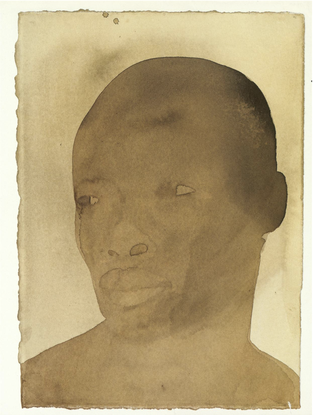 Monochromatic watercolor portrait of a person with a shaved head and neutral facial expression in a high-key studio-lit environment.