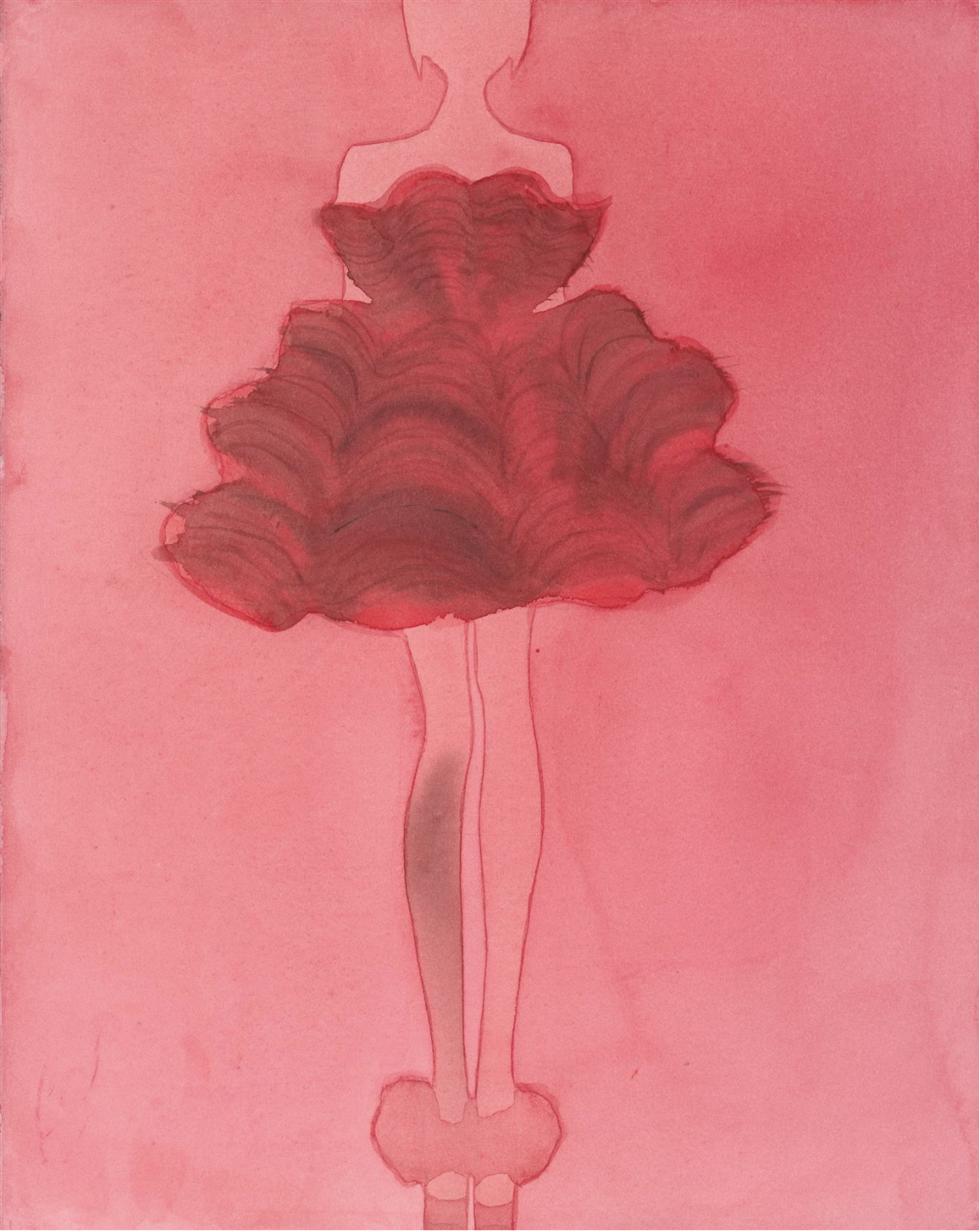 Watercolor painting of a woman's silhouette in a short, ruffled dress and high heels in shades of red and brown against pink background.
