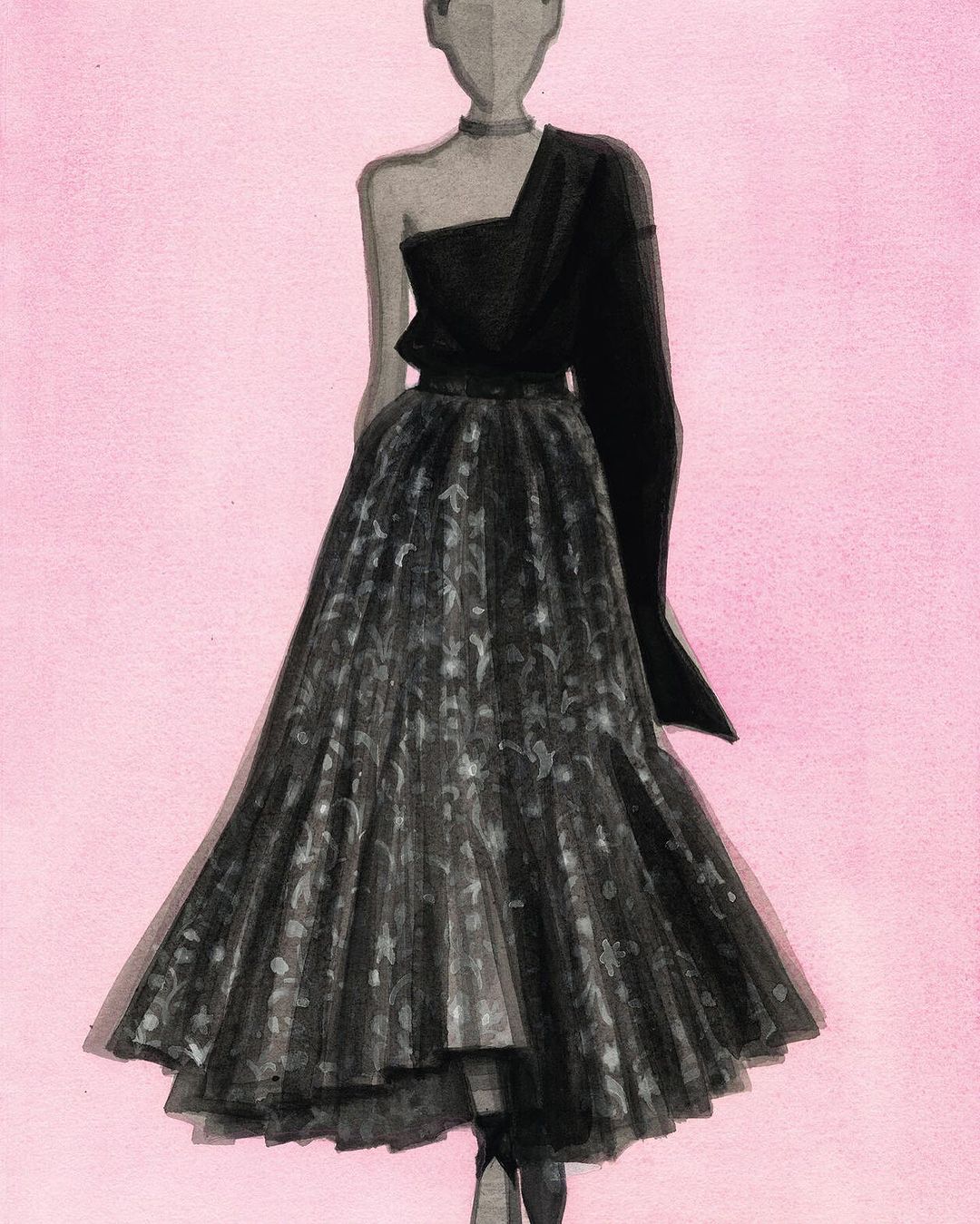 Fashion illustration by Mats Gustafson featuring a standing figure in a black one-shoulder top and patterned full skirt against a pink background