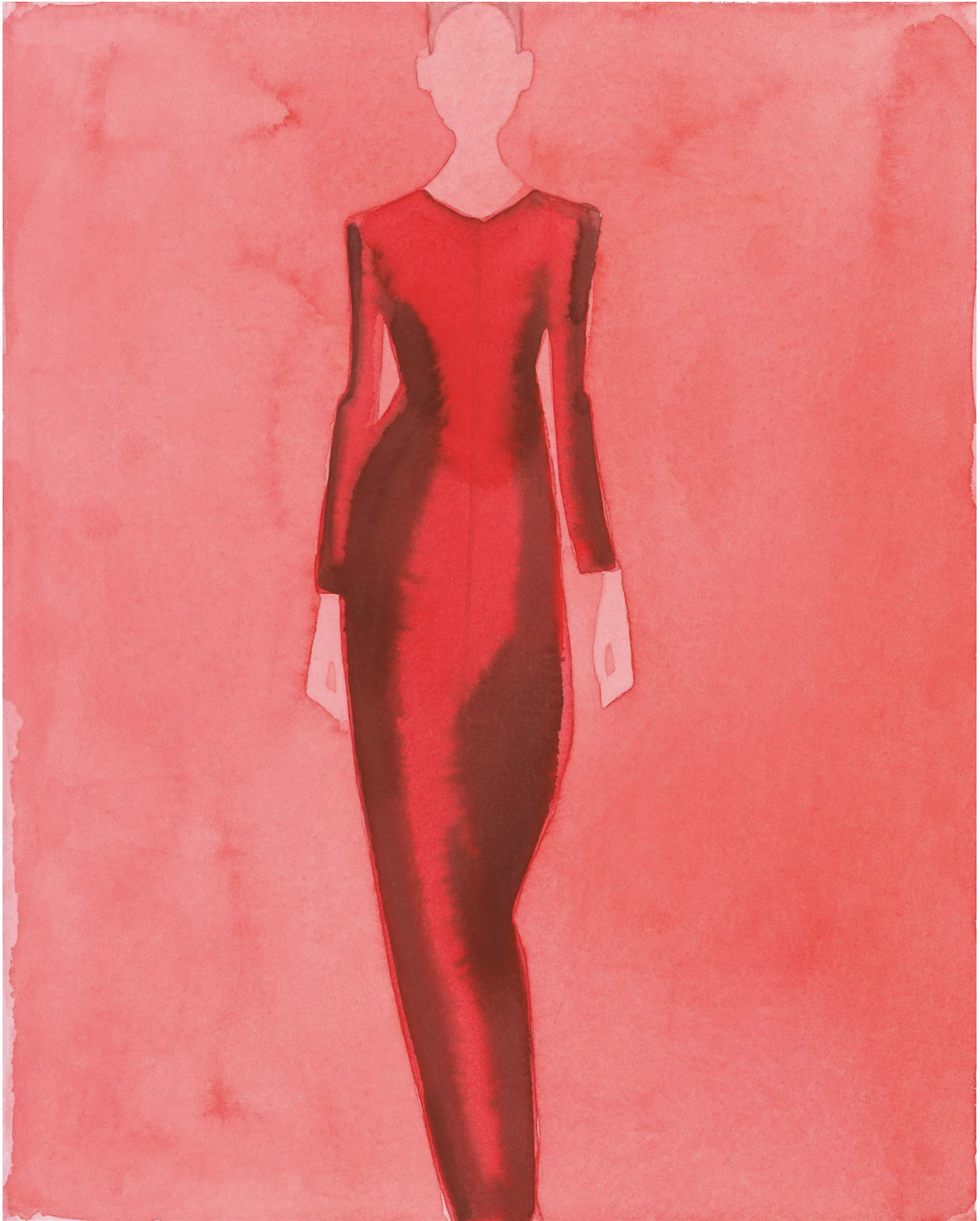 Full-length fashion illustration of a woman with no face wearing a red gown against a red watercolor background.